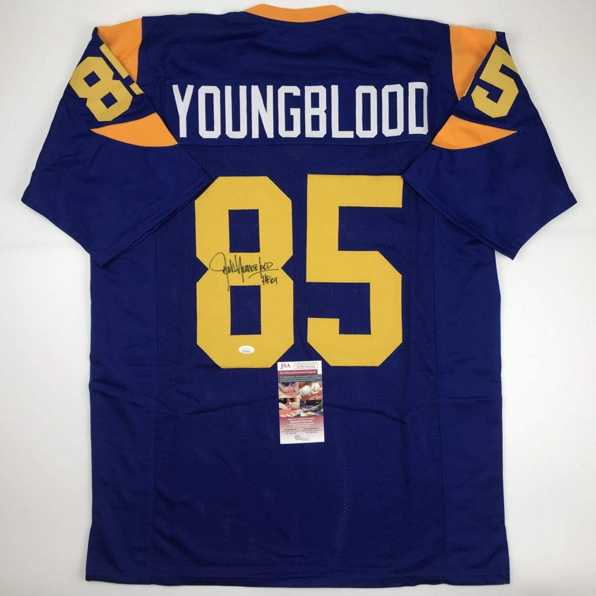 Autographed/Signed Jack Youngblood HOF 01 Los Angeles LA Blue Football Jersey JSA COA