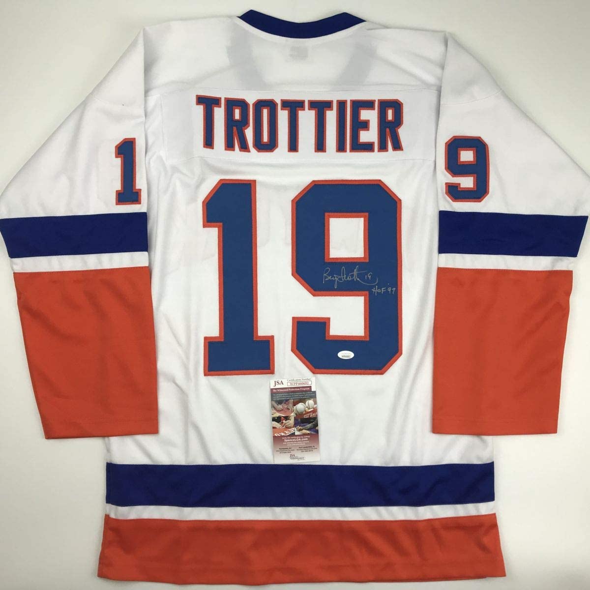 Autographed/Signed Bryan Trottier HOF 97 New York White Hockey Jersey JSA COA