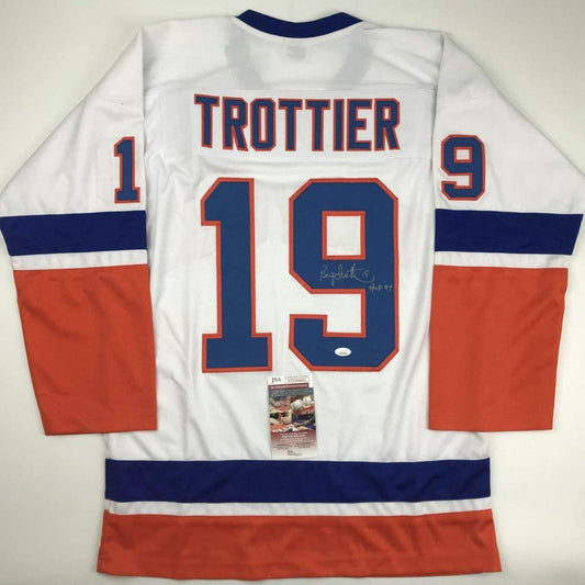 Autographed/Signed Bryan Trottier HOF 97 New York White Hockey Jersey JSA COA
