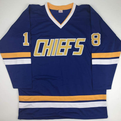 Autographed/Signed Hanson Brothers Chiefs Slap Shot Movie #18 Blue Hockey Jersey Beckett BAS COA