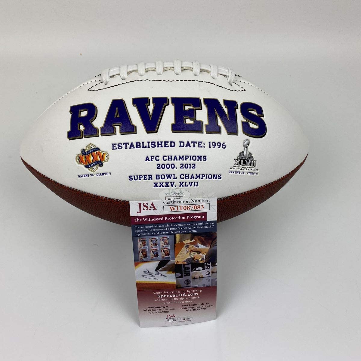 Autographed/Signed Ray Lewis Baltimore Ravens Full Size FS White Panel Logo Football JSA COA