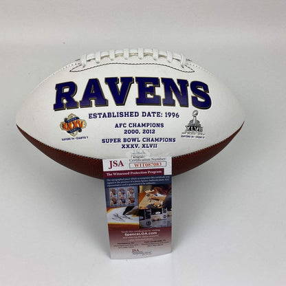 Autographed/Signed Ray Lewis Baltimore Ravens Full Size FS White Panel Logo Football JSA COA