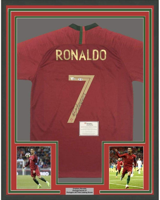 Framed Autographed/Signed Cristiano Ronaldo 35x39 Portugal Red World Cup Soccer Futbol Jersey Fanatics COA