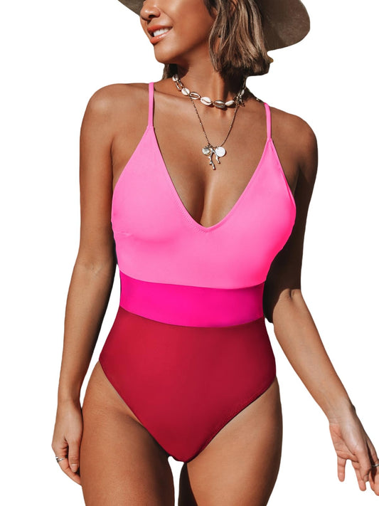 CUPSHE Women's One Piece Swimsuit Bathing Suit Color Block Deep V Neck Crisscross Back Swimwear M