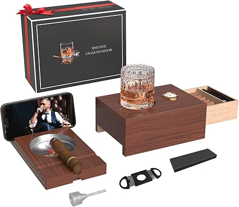 Cigar Humidor Box Set with Wooden Drawer, Hygrometer, Cigar Slot, Whiskey Glass Tray, Ashtray Tray, Cigar Cutter, Phone Holder, Humidifier, Home Office Cigar Accessories, Father's Day Gift