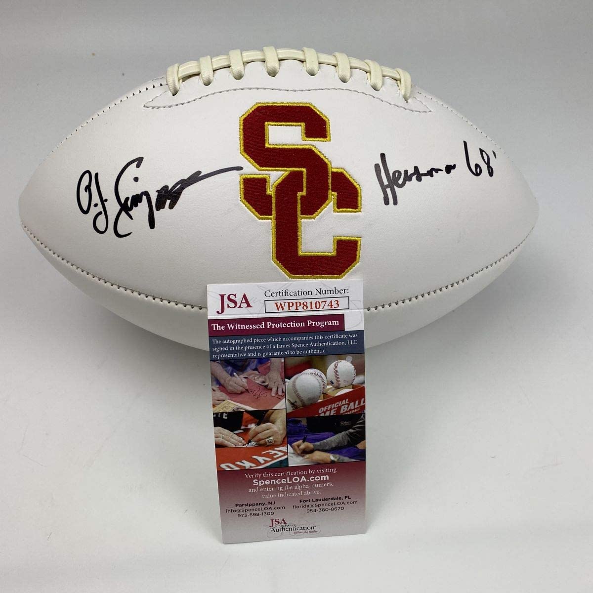 Autographed/Signed OJ O.J. Simpson Heisman 68 USC Trojans Full Size College Logo Football JSA COA