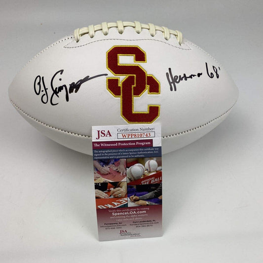 Autographed/Signed OJ O.J. Simpson Heisman 68 USC Trojans Full Size College Logo Football JSA COA