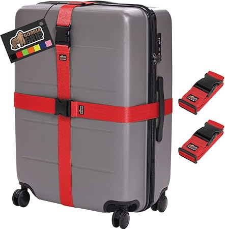 Gorilla Grip Heavy Duty Adjustable Luggage Straps for Suitcases, Easy to Identify Travel Belt Connector Holds Suitcase Together, Extends Life of Bag, Strap Connects Two Bags, Accessories 2 Pack Red
