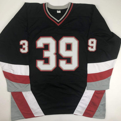 Autographed/Signed Dominik Hasek HOF 14 Buffalo Black Hockey Jersey JSA COA