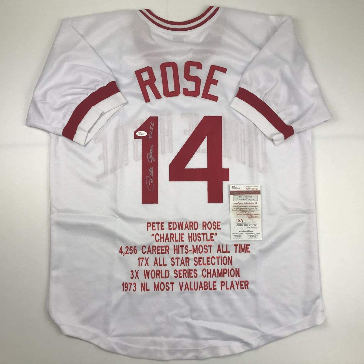 Autographed/Signed Pete Rose 4256 Cincinnati White Stat Baseball Jersey JSA COA