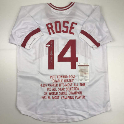 Autographed/Signed Pete Rose 4256 Cincinnati White Stat Baseball Jersey JSA COA