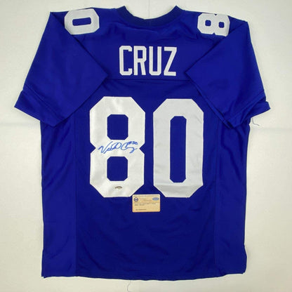 Autographed/Signed Victor Cruz New York Blue Football Jersey Steiner Sports COA