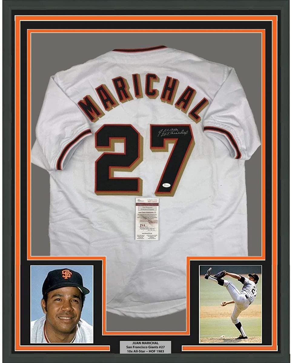 Framed Autographed/Signed Juan Marichal 35x39 San Francisco White Baseball Jersey JSA COA