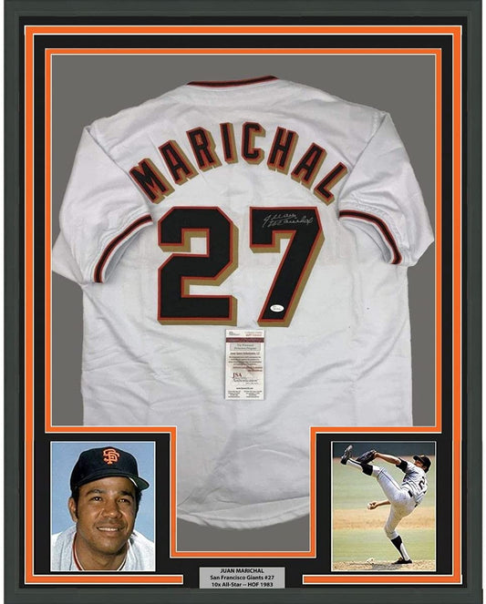 Framed Autographed/Signed Juan Marichal 35x39 San Francisco White Baseball Jersey JSA COA