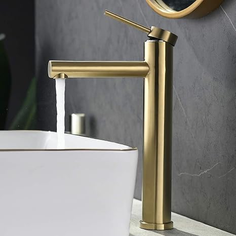 Friho Brushed Gold Vessel Sink Faucet, Modern Single Handle Stainless Steel Tall Bathroom Vanity Faucet with Pop Up Drain and Supply Lines