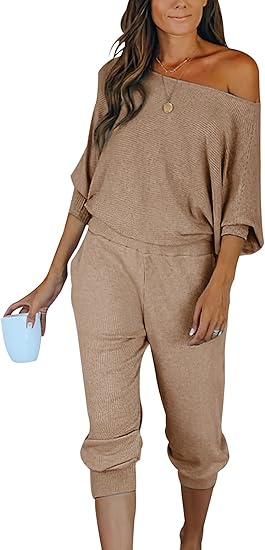 PRETTYGARDEN Women's 2 Piece Ribbed Tracksuit Outfits Off Shoulder Long Sleeve Pullover Lounge Pants with Pockets