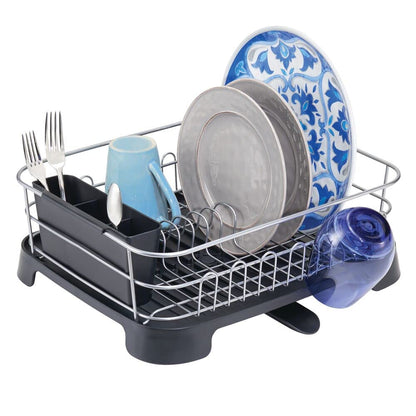 mDesign Alloy Steel Sink Dish Drying Rack Holder with Swivel Spout -Silver/Black