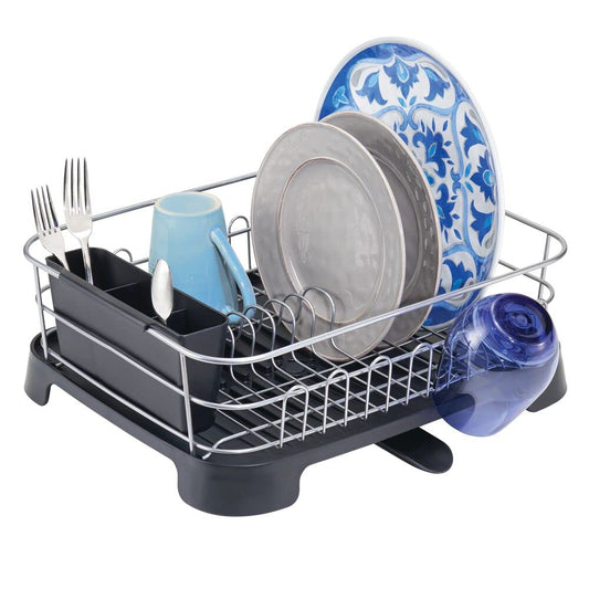 mDesign Alloy Steel Sink Dish Drying Rack Holder with Swivel Spout -Silver/Black