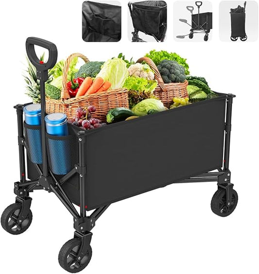 Collapsible Wagon, Grocery Wagons Carts Foldable Utility Wagon with All-Terrain Wheels, Cup Holders, Pockets for Grocery Shopping, Sport, Camping, Garden, Outdoor