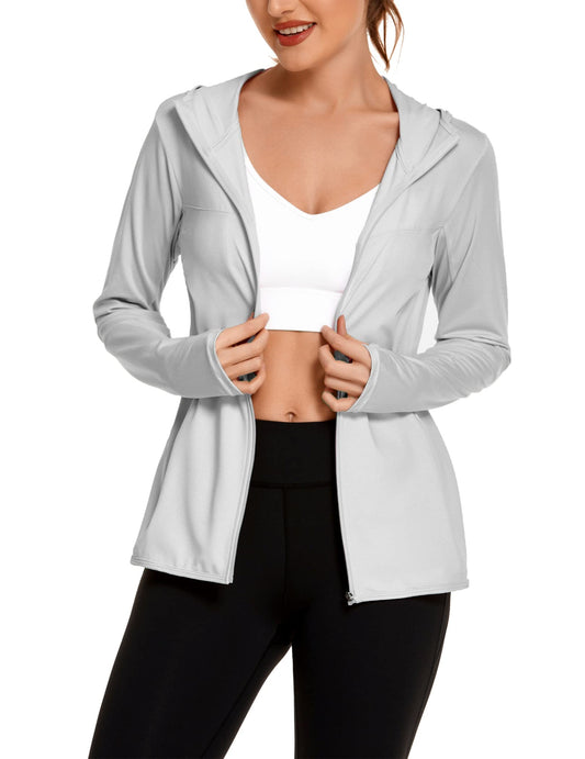 COOrun Women's UPF 50+ Sun Protection Hoodie Jacket Lightweight Full Zip Running Jacket Athletic Jacket with Thumb Holes