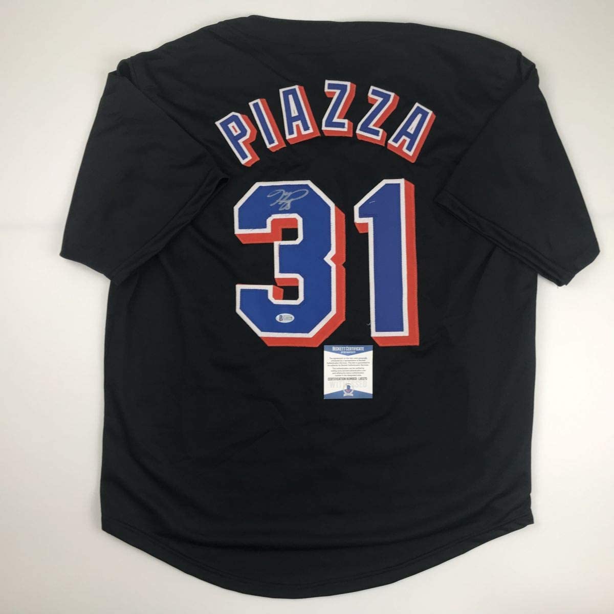 Autographed/Signed Mike Piazza New York NY Black Baseball Jersey Beckett BAS COA