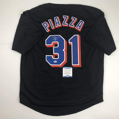 Autographed/Signed Mike Piazza New York NY Black Baseball Jersey Beckett BAS COA