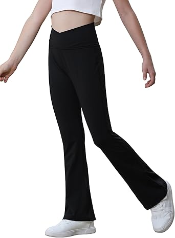 Girls Flare Pants Size 12-13 Years Old Strechy Black V-Cross Waist Leggings for Yoga