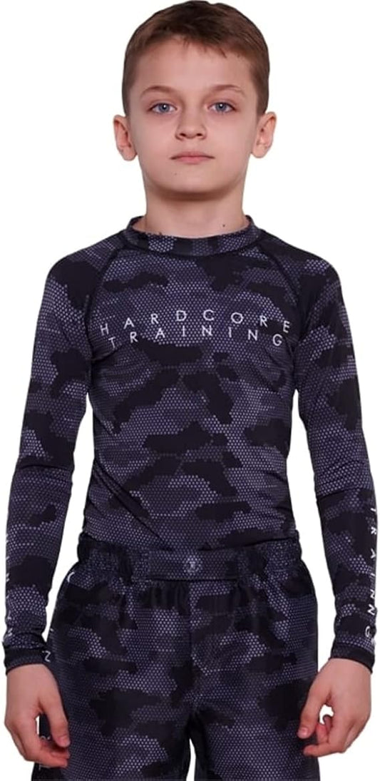 Hardcore Training Kids Rash Guard Hexagon Camo Compression Base Layer Tights No Gi BJJ Fitness Workout Running Boxing