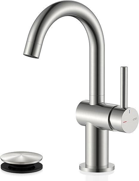 KENES Brushed Nickel Bathroom Faucet Single Handle Modern Prep Wet Bar Sink Faucet Bathroom Sink Faucets with Drain Assembly & Deck Plate, Farmhouse RV Camper Outdoor Utility Faucet, KE-9005B