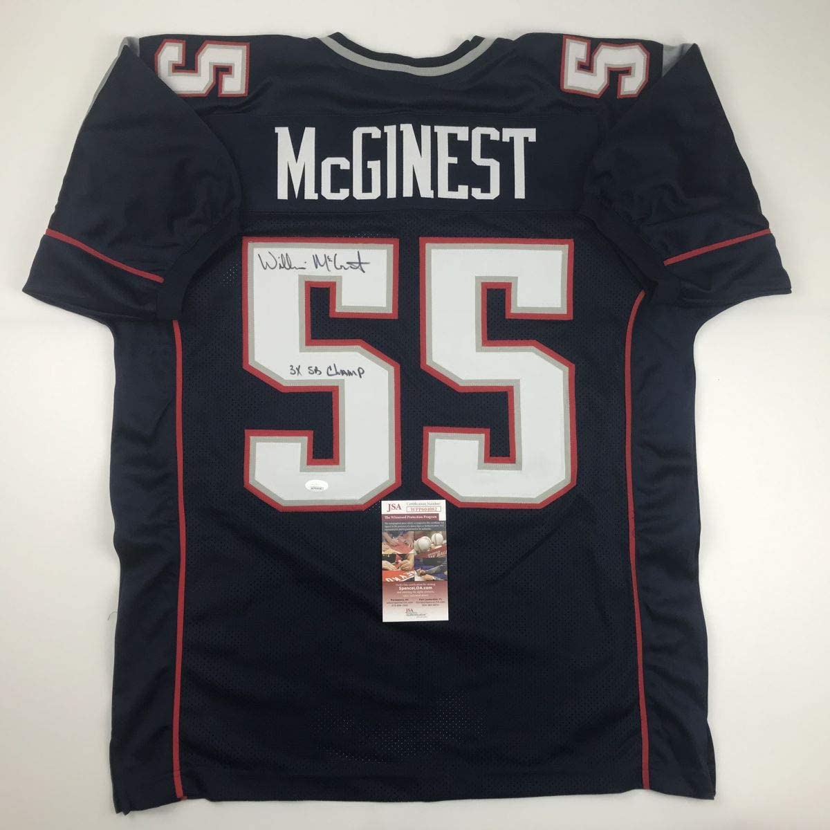 Autographed/Signed Willie McGinest 3x SB Champ New England Blue Football Jersey JSA COA