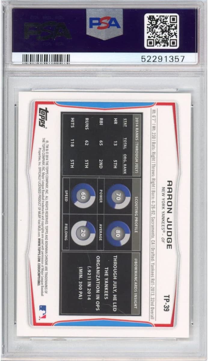 Graded 2014 Topps Bowman Draft Picks Aaron Judge #TP39 Top Prospects Rookie RC Baseball Card PSA 10 Gem Mint