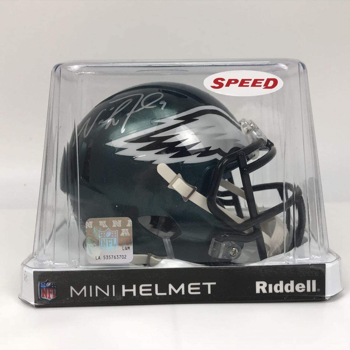 Autographed/Signed Nick Foles Philadelphia Eagles Football Mini Helmet Beckett BAS COA