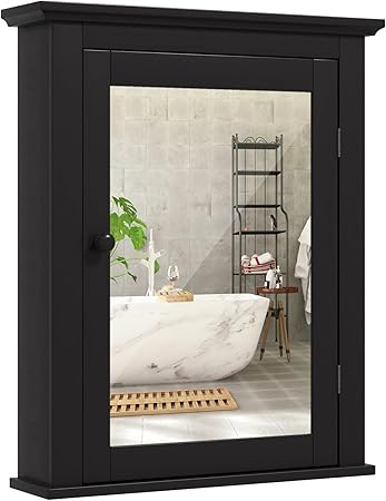 COSTWAY Bathroom Medicine Cabinet with Mirror, Wall-Mounted Storage Cabinet Organizer with 5-Position Adjustable Shelf, Hanging Bathroom Wall Cabinet for Living Room Bedroom Entryway (Black)