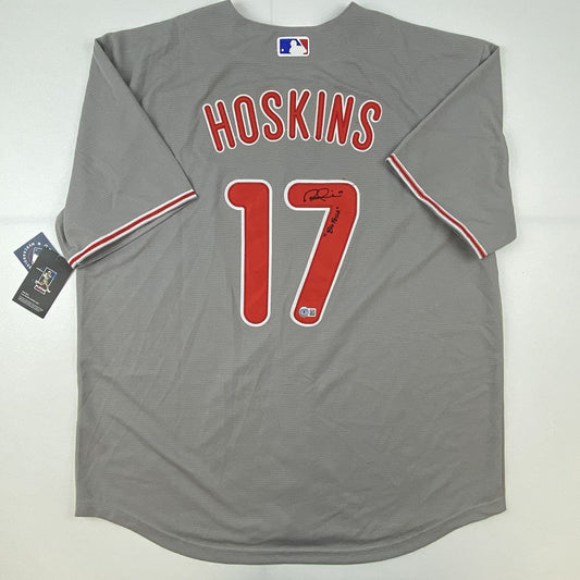Autographed/Signed Rhys Hoskins Big Fella Philadelphia Grey Baseball Jersey Beckett BAS COA