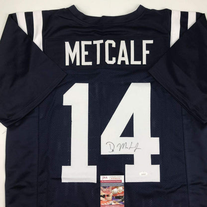 Autographed/Signed DK D.K. Metcalf Ole Miss Blue College Football Jersey JSA COA