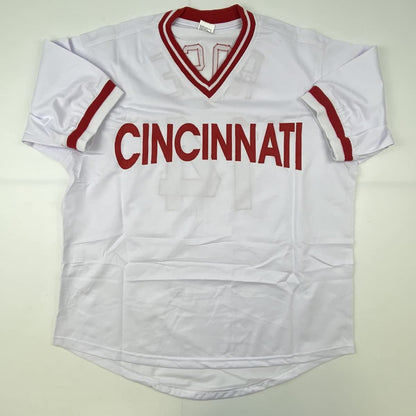 Autographed/Signed Pete Rose Cincinnati White Baseball Jersey Athlete Hologram COA Holo