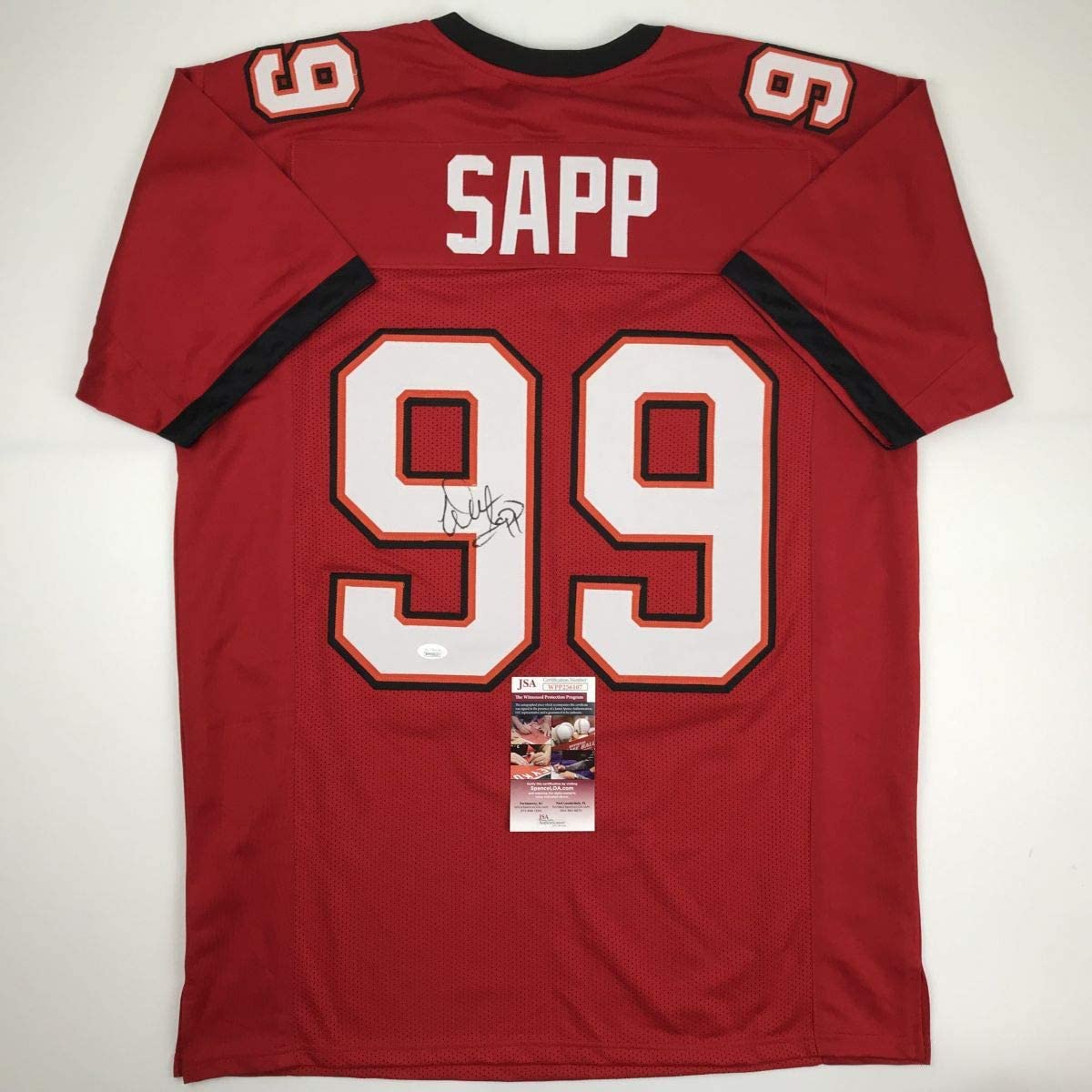 Autographed/Signed Warren Sapp Tampa Bay Red Football Jersey JSA COA