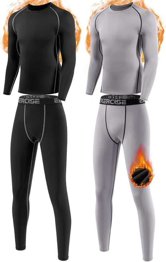 Youth Boys Thermal Underwear Set Compression Fleece Lined Leggings with Athletic Shirts Base Layer