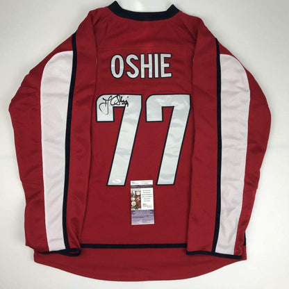 Autographed/Signed TJ T.J. Oshie Washington Red Hockey Jersey JSA COA