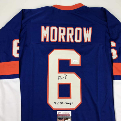Autographed/Signed Ken Morrow 4x SC Champs New York Blue Hockey Jersey JSA COA
