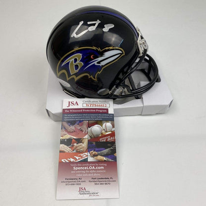 Autographed/Signed Lamar Jackson Baltimore Ravens Football Mini Helmet JSA COA