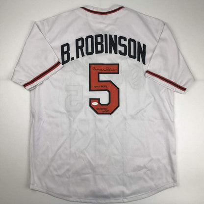 Autographed/Signed Brooks Robinson 1970 WS MVP HOF 1983 Baltimore White Baseball Jersey JSA COA Holo