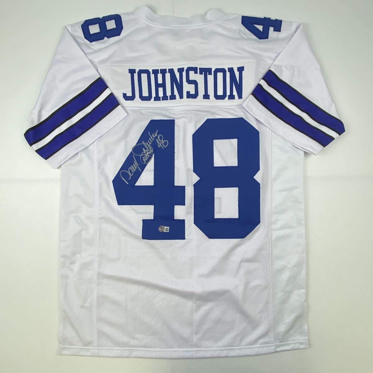 Autographed/Signed Daryl Moose Johnston Dallas White Football Jersey Beckett BAS COA