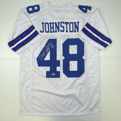 Autographed/Signed Daryl Moose Johnston Dallas White Football Jersey Beckett BAS COA