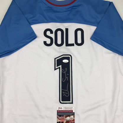 Autographed/Signed Hope Solo White Soccer Team USA World Cup Jersey JSA COA