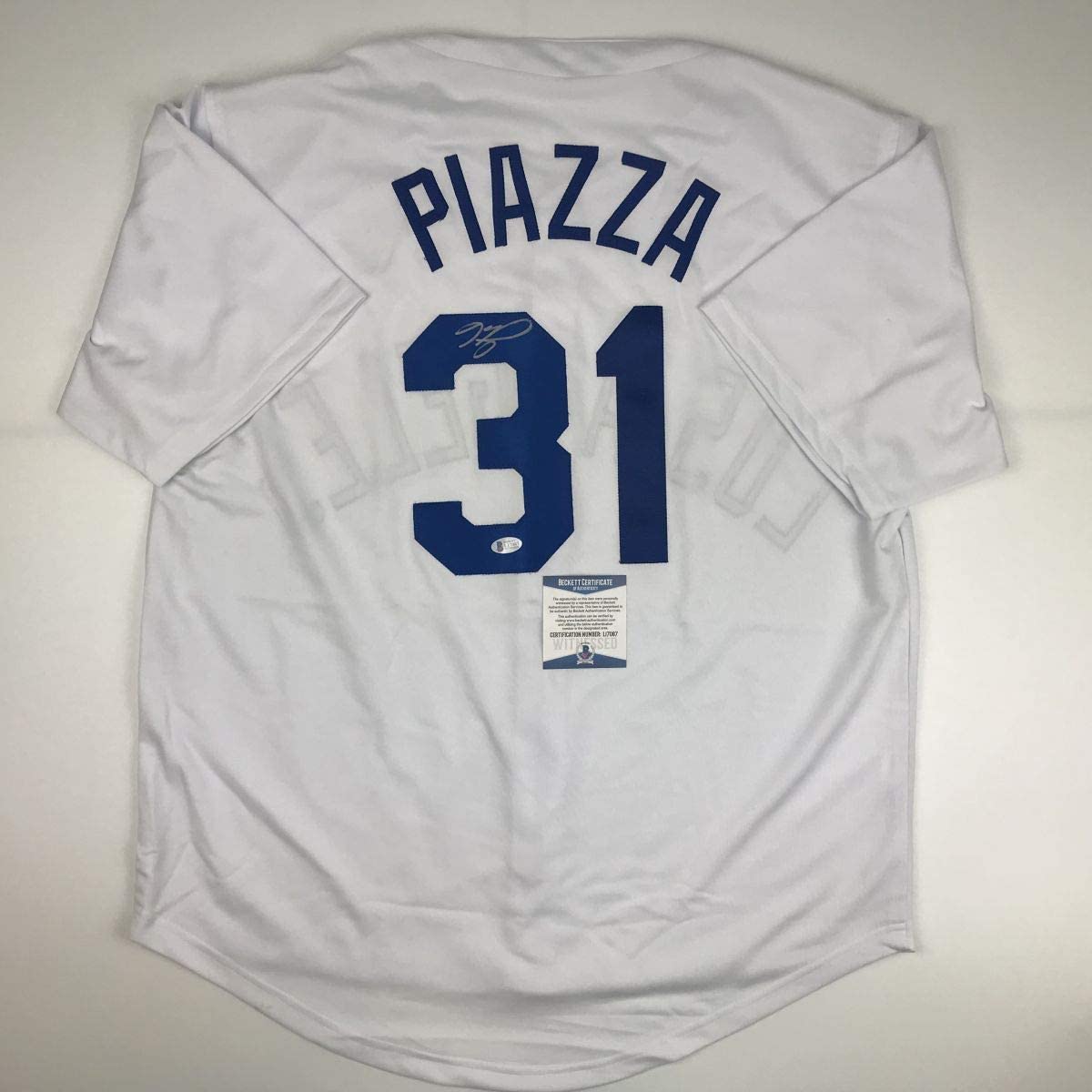 Autographed/Signed Mike Piazza Los Angeles LA White Baseball Jersey Beckett BAS COA