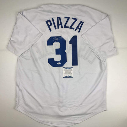 Autographed/Signed Mike Piazza Los Angeles LA White Baseball Jersey Beckett BAS COA