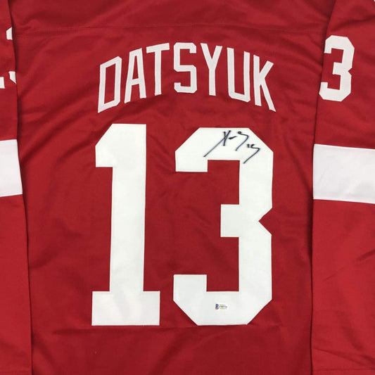 Autographed/Signed Pavel Datsyuk Detroit Red Hockey Jersey Beckett BAS COA Holo Only