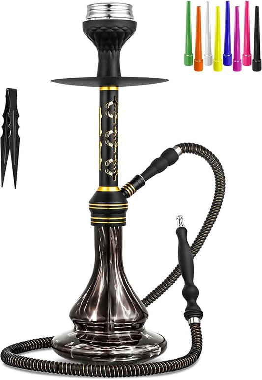 22'' Hookah Set Aluminum Shisha Hookah Set With Everything - Modern Colored Glass Vase, Hookah Charcoal Holder, Coal Tongs, Silk Hose, 10 Hookah Tips