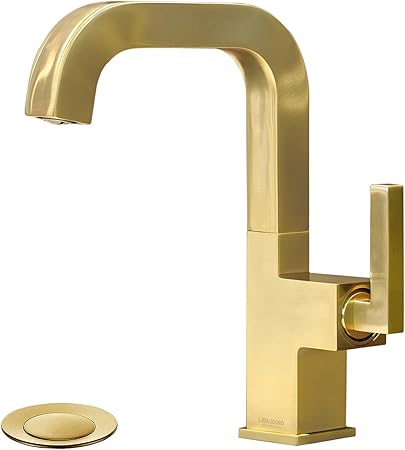 Brushed Gold Bathroom Faucet Single Handle, Lava Odoro Faucet for Bathroom Sink 1 or 3 Hole Brass Single Hole Restroom Sink, Vanity Faucet with Drain Assembly, Deck Plate Included, BF204-SG